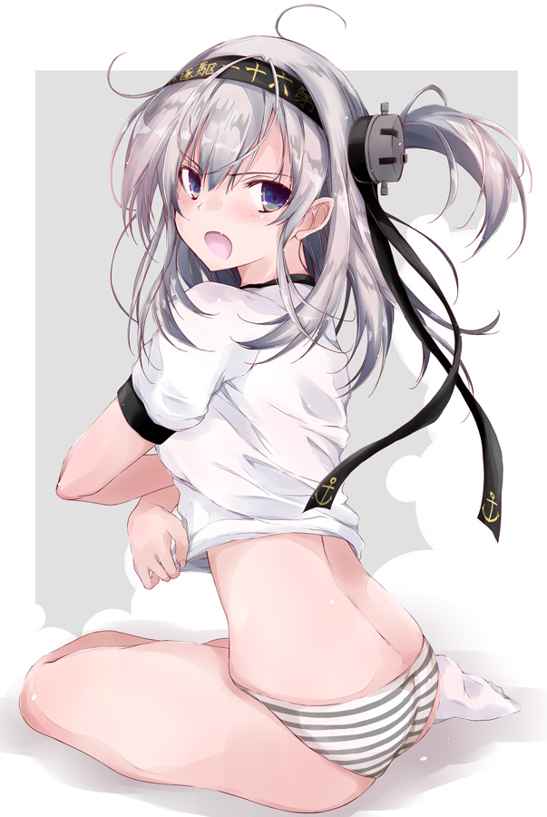 1girl ahoge black_headband blue_eyes blush clothes_writing gym_shirt hachimaki hair_between_eyes headband kantai_collection long_hair one_side_up open_mouth panties shirt short_sleeves silver_hair socks solo striped striped_panties suzutsuki_(kantai_collection) underwear white_legwear white_shirt yumesato_makura