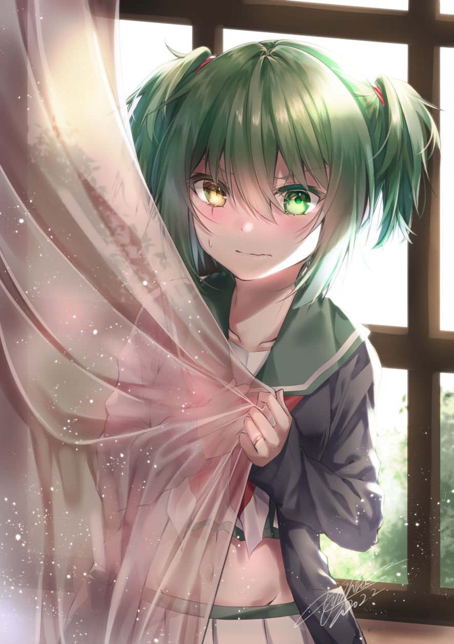 1girl alternate_hairstyle bangs blush cardigan collarbone commentary_request cowboy_shot curtains dated embarrassed eyebrows_visible_through_hair green_eyes green_hair green_sailor_collar grey_cardigan groin hair_intakes heterochromia highres jewelry kantai_collection kiso_(kantai_collection) looking_at_viewer midriff military military_uniform naval_uniform navel neckerchief open_cardigan open_clothes pleated_skirt red_neckwear remodel_(kantai_collection) ring sailor_collar school_uniform see-through serafuku short_hair sidelocks signature skirt solo sweatdrop twintails twintails_day uniform wavy_mouth wedding_ring white_serafuku white_skirt window yellow_eyes yuihira_asu