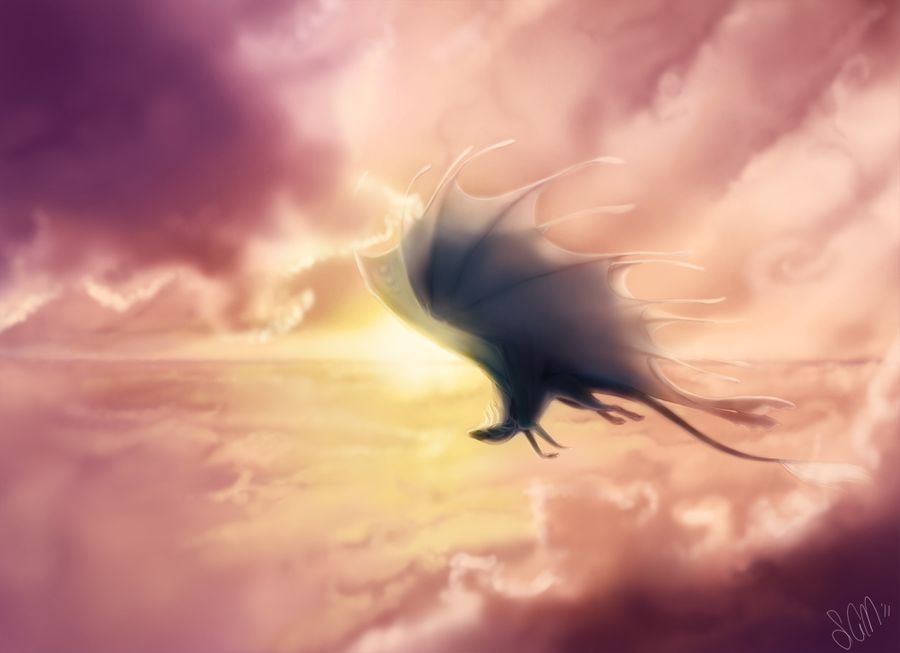 clouded-3d clouds cloudy_sky commentary draik english_commentary flying full_body neopets no_humans signature sky solo twilight wings