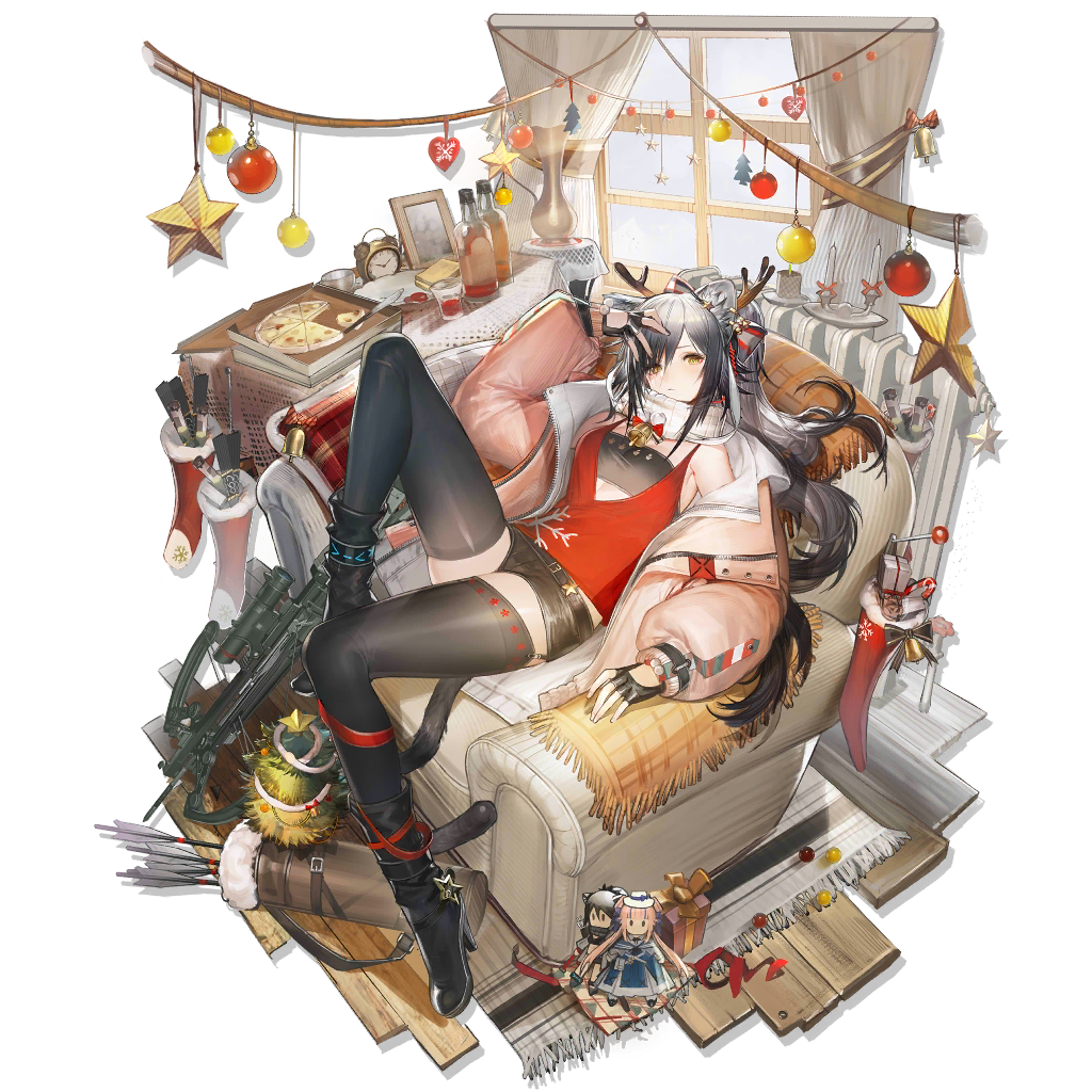 1girl alternate_costume animal_ears arknights baggy_clothes bandeau bangs bare_shoulders bell belt black_bandeau black_footwear black_gloves black_hair black_legwear black_shorts blush boots bow_(weapon) breasts cat_ears chair character_doll christmas_ornaments closed_mouth crossbow full_body gloves gradient_hair hand_up head_tilt indoors jacket jingle_bell large_breasts liduke long_hair looking_at_viewer medium_breasts multicolored_hair official_art open_clothes open_jacket pink_jacket ponytail quiver reclining red_tank_top schwarz_(arknights) short_shorts shorts sidelocks silver_hair solo star tachi-e thigh-highs transparent_background turtleneck very_long_hair weapon yellow_eyes