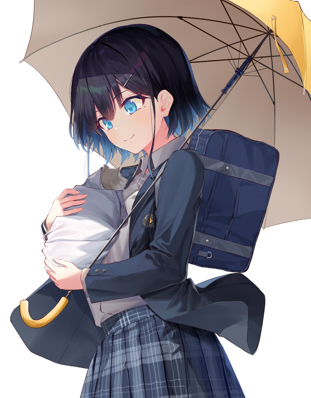 1girl animal bag black_hair blazer blue_eyes cat hair_ornament hairclip highres holding holding_animal holding_umbrella jacket kitten mole mole_under_eye original plaid plaid_skirt pleated_skirt school_uniform short_hair shoulder_bag skirt smile soya_(torga) umbrella upper_body white_background