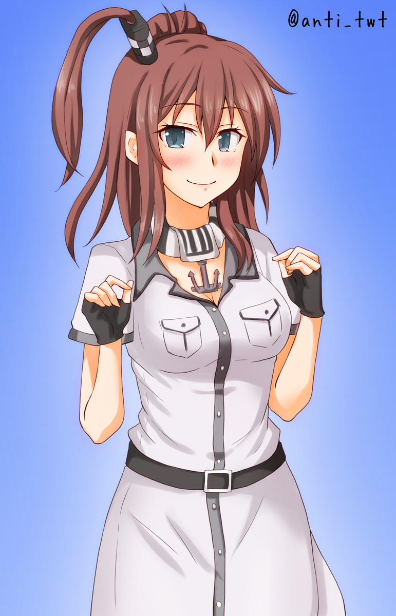 1girl anchor anti_(untea9) black_gloves blue_background blue_eyes breast_pocket breasts brown_hair commentary_request cowboy_shot dress fingerless_gloves gloves gradient gradient_background hair_between_eyes highres kantai_collection large_breasts looking_at_viewer neckerchief pocket ponytail remodel_(kantai_collection) saratoga_(kantai_collection) side_ponytail sidelocks smokestack smokestack_hair_ornament solo twitter_username white_dress