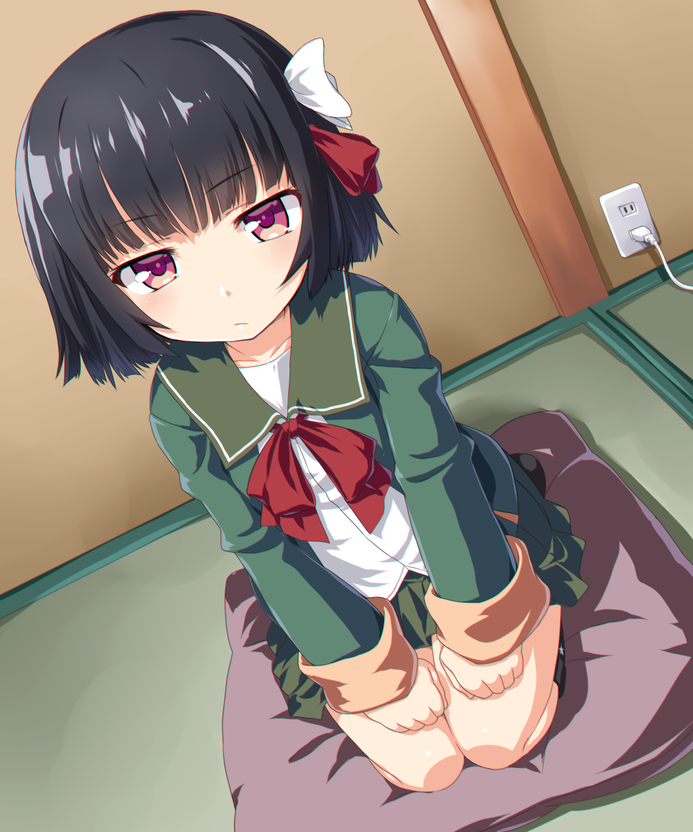 1girl :/ bangs black_hair blunt_bangs blush closed_mouth commentary cushion dd_(ijigendd) electric_socket eyebrows_visible_through_hair green_jacket green_sailor_collar green_skirt hair_ribbon highres indoors ishigaki_(kantai_collection) jacket kantai_collection long_sleeves neckerchief red_neckwear red_ribbon ribbon sailor_collar short_hair sitting skirt solo violet_eyes white_ribbon