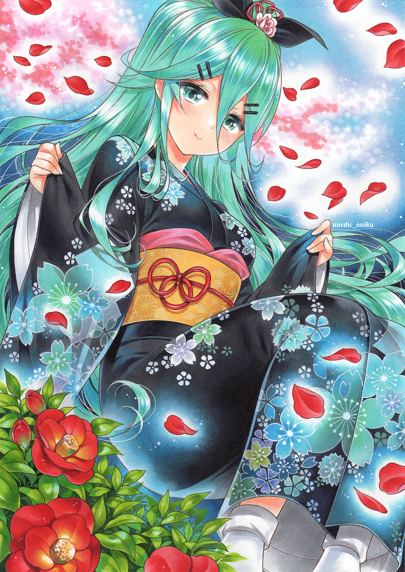 1girl acrylic_paint_(medium) alternate_costume blush breasts closed_mouth flower green_eyes green_hair hair_between_eyes hair_ornament hair_ribbon hairclip japanese_clothes kantai_collection kimono long_hair long_sleeves looking_at_viewer marker_(medium) medium_breasts nordic_niku obi ribbon sash smile solo traditional_media wide_sleeves yamakaze_(kantai_collection) yukata