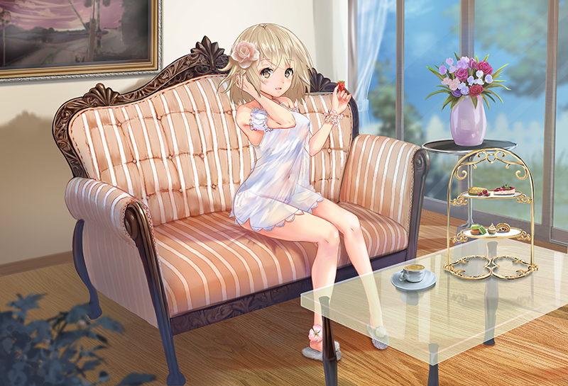 1girl 74_nanashi bangs bare_arms bare_shoulders blonde_hair blue_flower breasts commentary_request couch cup dress flower hair_flower hair_ornament looking_at_viewer medium_breasts medium_hair navel original picture_(object) pink_flower red_flower rose see-through sitting solo table teacup white_dress window yellow_eyes