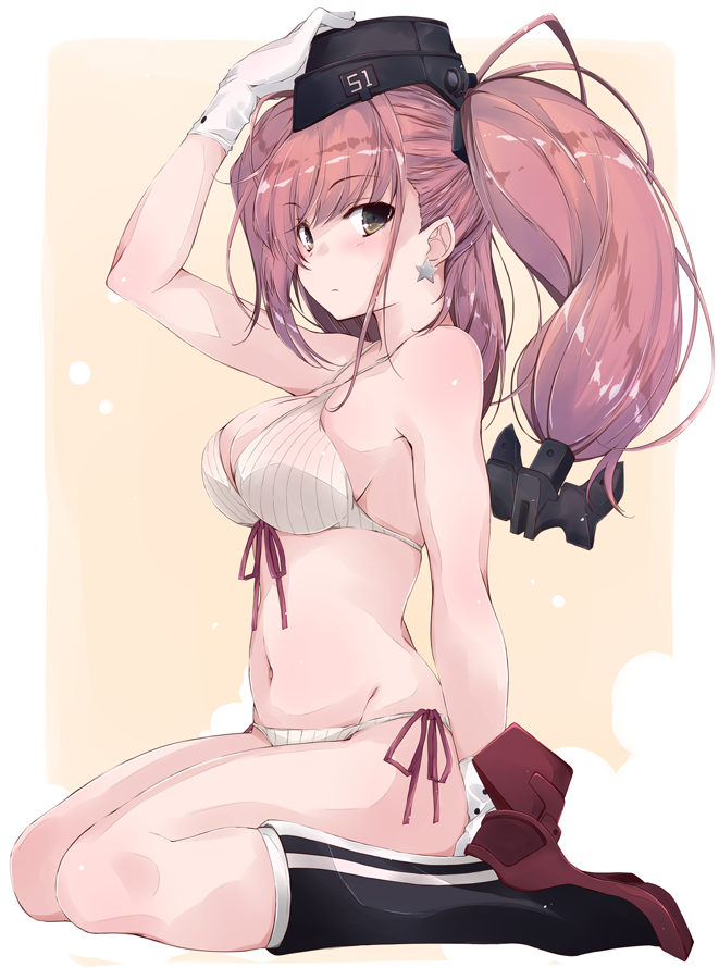 1girl anchor_hair_ornament arm_up atlanta_(kantai_collection) bare_arms bare_shoulders black_headwear blush boots breasts brown_hair commentary_request earrings eyebrows_visible_through_hair garrison_cap gloves grey_eyes groin hair_ornament hat jewelry kantai_collection large_breasts long_hair looking_at_viewer navel panties red_ribbon ribbon rudder_footwear side-tie_panties simple_background sitting skindentation solo star star_earrings two_side_up underwear underwear_only wariza white_gloves yumesato_makura