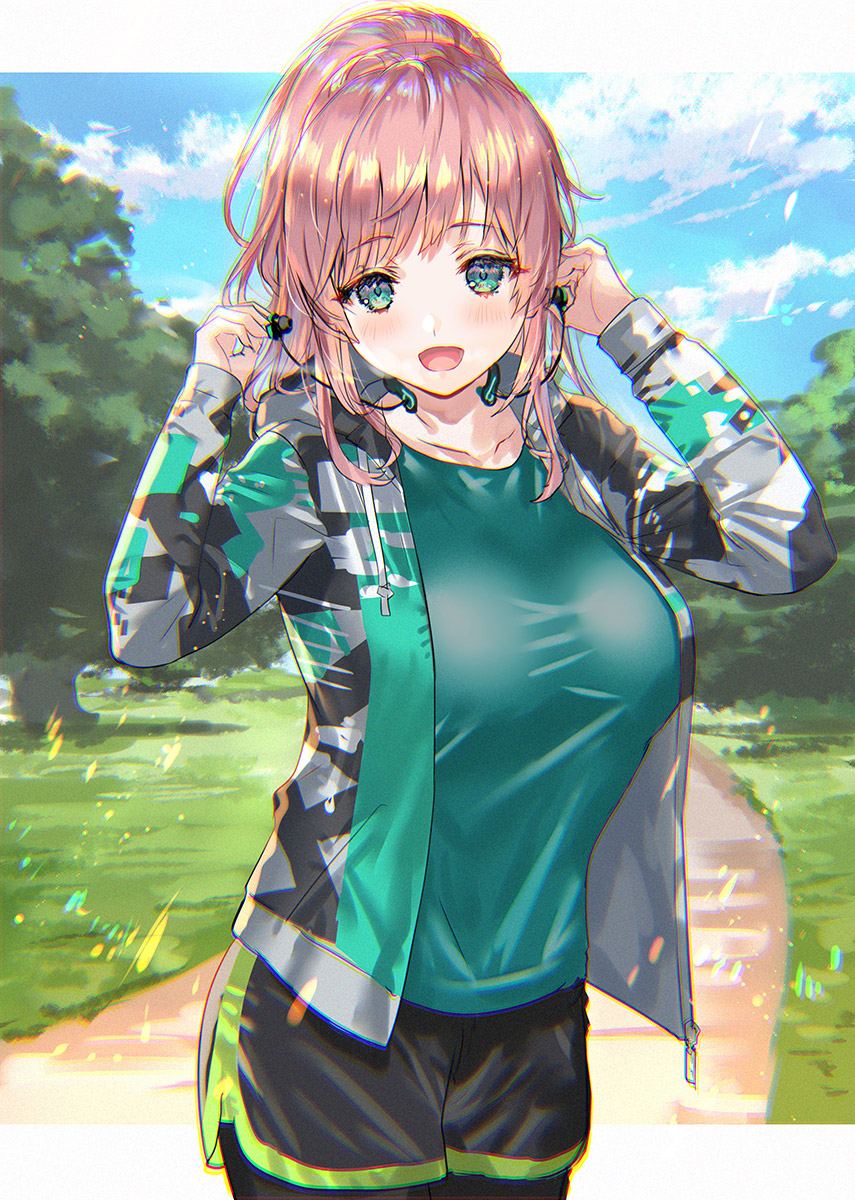 blush breasts earphones green_eyes highres jacket large_breasts original pink_hair ran'ou_(tamago_no_kimi)