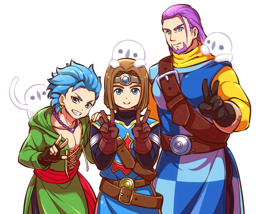 3boys aopanda beard blue_eyes blue_hair bob_cut brown_hair camus_(dq11) cosplay double_v dragon_quest dragon_quest_xi earrings facial_hair gloves greig_(dq11) hero_(dq11) jewelry male_focus multiple_boys necklace pectorals purple_hair roto roto_(cosplay) simple_background spiky_hair spoilers v white_background