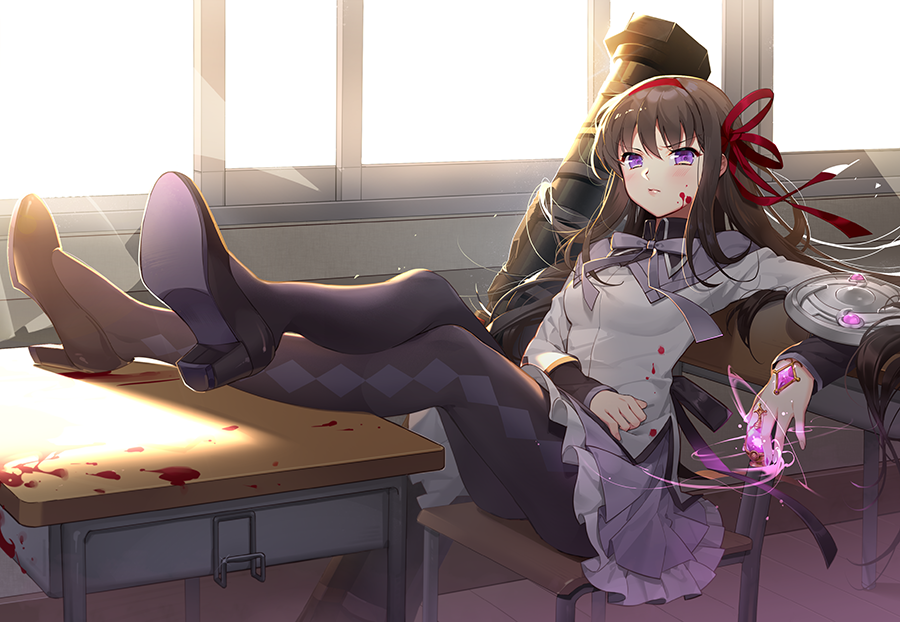1girl akemi_homura black_footwear black_hair black_legwear blood blood_on_face breasts chair commentary_request crossed_legs day desk frilled_skirt frills glowing hair_ribbon hairband high_heels indoors long_hair long_sleeves magical_girl mahou_shoujo_madoka_magica nemovo on_chair pantyhose pleated_skirt purple_ribbon purple_skirt red_hairband red_ribbon ribbon rocket_launcher school_chair school_desk shield shirt shoe_soles shoes sitting skirt small_breasts solo sunlight very_long_hair violet_eyes weapon white_shirt window
