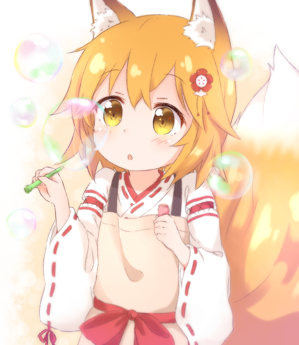 1girl :o animal_ear_fluff animal_ears apron araki495 bangs blush bow brown_apron bubble commentary_request eyebrows_visible_through_hair flower fox_ears fox_girl fox_tail hair_between_eyes hair_flower hair_ornament holding japanese_clothes kimono long_sleeves orange_hair parted_lips red_bow red_flower ribbon-trimmed_sleeves ribbon_trim senko_(sewayaki_kitsune_no_senko-san) sewayaki_kitsune_no_senko-san solo tail white_kimono wide_sleeves yellow_eyes