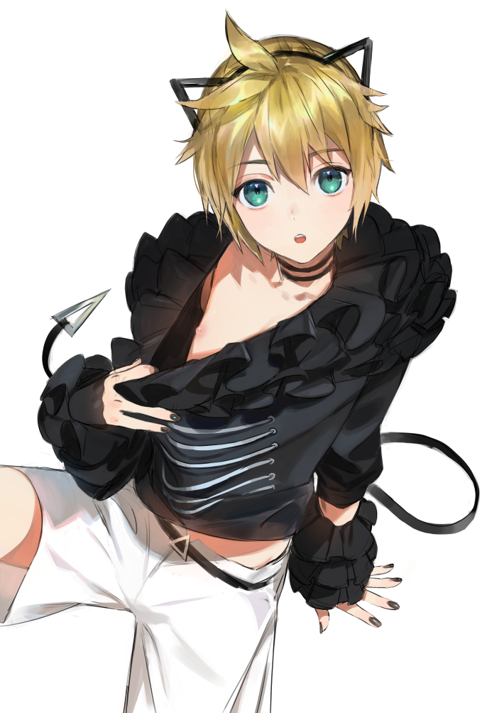 1boy aqua_eyes arm_support black_nails downblouse headset kagamine_len looking_at_viewer male_focus nail_polish naoko_(naonocoto) nipples open_mouth revision ruffled_sleeves self_exposure shorts sitting vocaloid