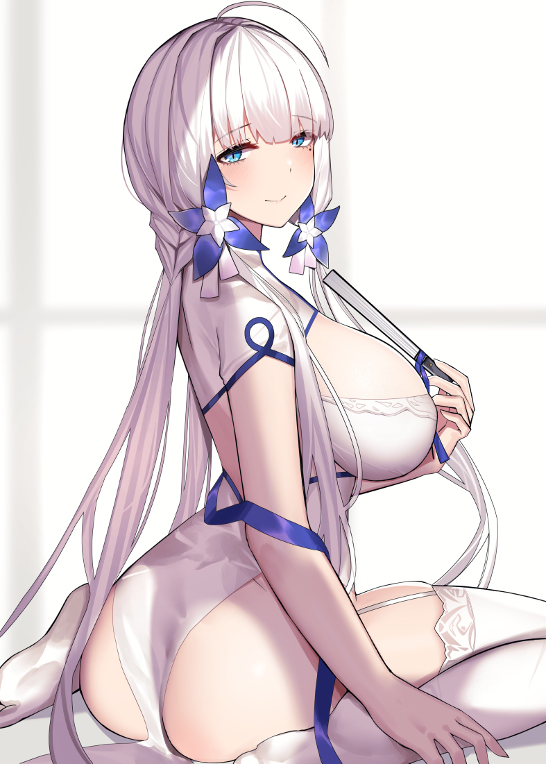 1girl ass azur_lane bangs blue_eyes blush breasts commentary_request dress eyebrows_visible_through_hair from_side hair_ornament hair_ribbon illustrious_(azur_lane) large_breasts long_hair looking_at_viewer mole mole_under_eye ribbon sitting siu_(siu0207) smile solo thigh-highs white_dress white_hair