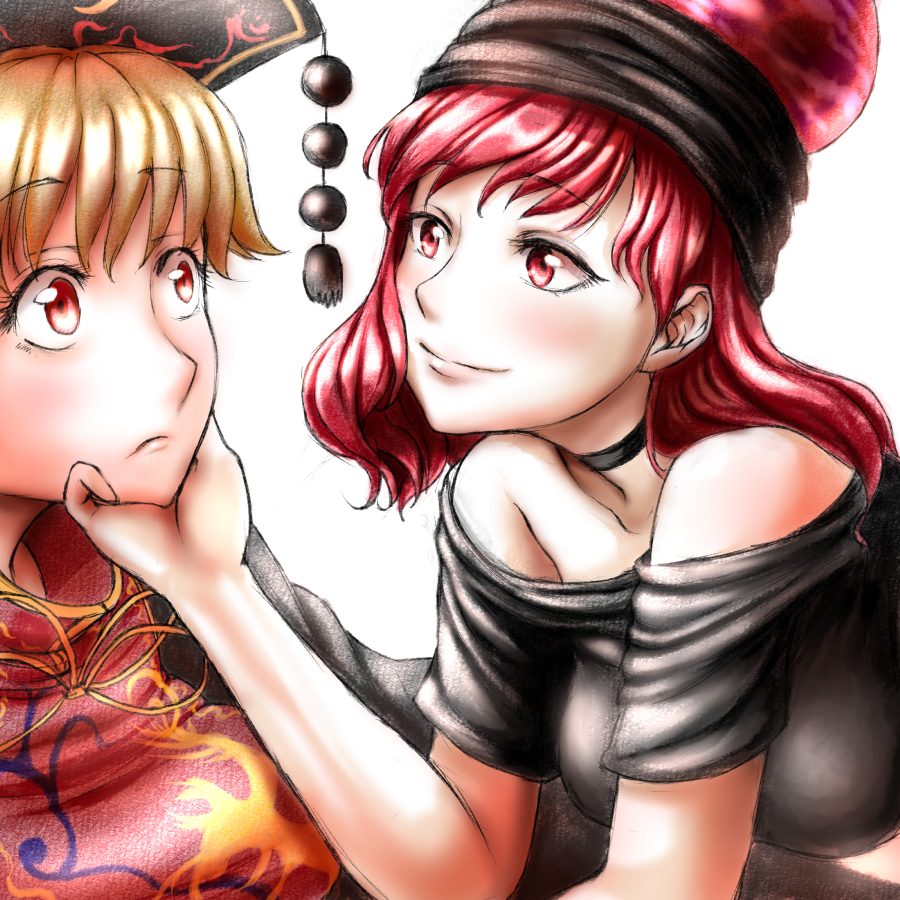 2girls bare_shoulders blonde_hair blush breasts choker commentary_request eye_contact eyebrows_visible_through_hair hand_on_another's_chin hecatia_lapislazuli junko_(touhou) kamekichi27 large_breasts looking_at_another multiple_girls red_eyes redhead simple_background smile tassel touhou upper_body white_background yuri