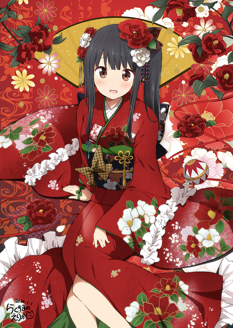 1girl ball bangs black_hair blush brown_eyes chijou_noko chikanoko commentary_request dated eyebrows_visible_through_hair floral_print flower frilled_kimono frills hair_flower hair_ornament japanese_clothes kimono long_hair long_sleeves looking_at_viewer obi open_mouth print_kimono ragho_no_erika red_flower red_kimono revision sash side_ponytail sidelocks signature sleeves_past_wrists solo temari_ball white_flower wide_sleeves