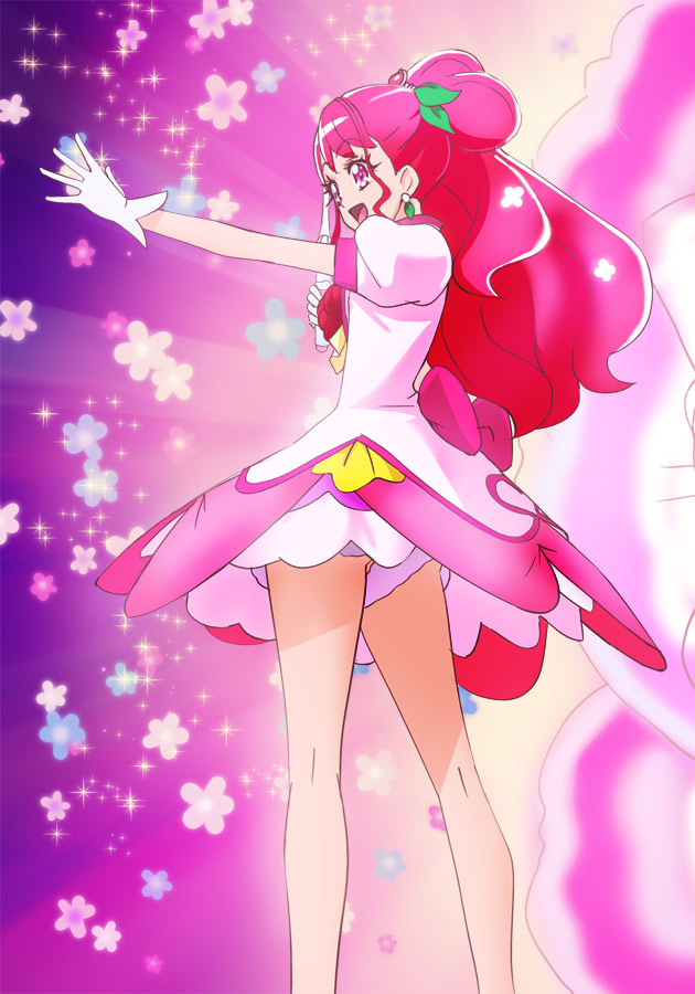 1girl :d cure_grace earrings eyebrows_visible_through_hair gloves hanadera_nodoka haruyama_kazunori healin'_good_precure jewelry legs long_hair magical_girl open_mouth pink_eyes pink_hair precure puffy_short_sleeves puffy_sleeves short_sleeves smile solo standing white_gloves