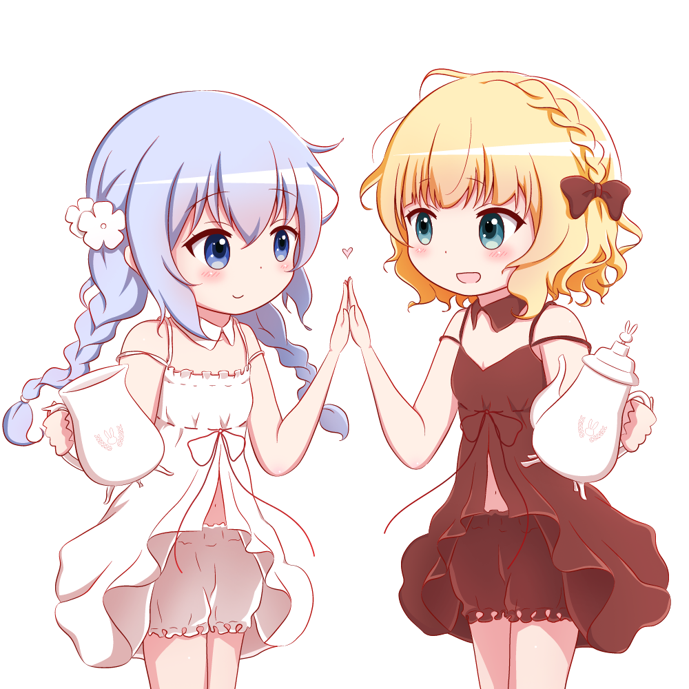 2girls :d alternate_hairstyle bare_arms bare_shoulders blonde_hair bloomers blue_eyes blue_hair blush bow braid breasts brown_bloomers brown_bow brown_collar brown_dress closed_mouth collar commentary detached_collar dress eye_contact gochuumon_wa_usagi_desu_ka? goth_risuto hair_bow heart high_five holding kafuu_chino kirima_sharo long_hair looking_at_another low_twintails matching_outfit multiple_girls open_mouth revision simple_background sleeveless sleeveless_dress small_breasts smile teapot twin_braids twintails underwear very_long_hair white_background white_bloomers white_collar white_dress