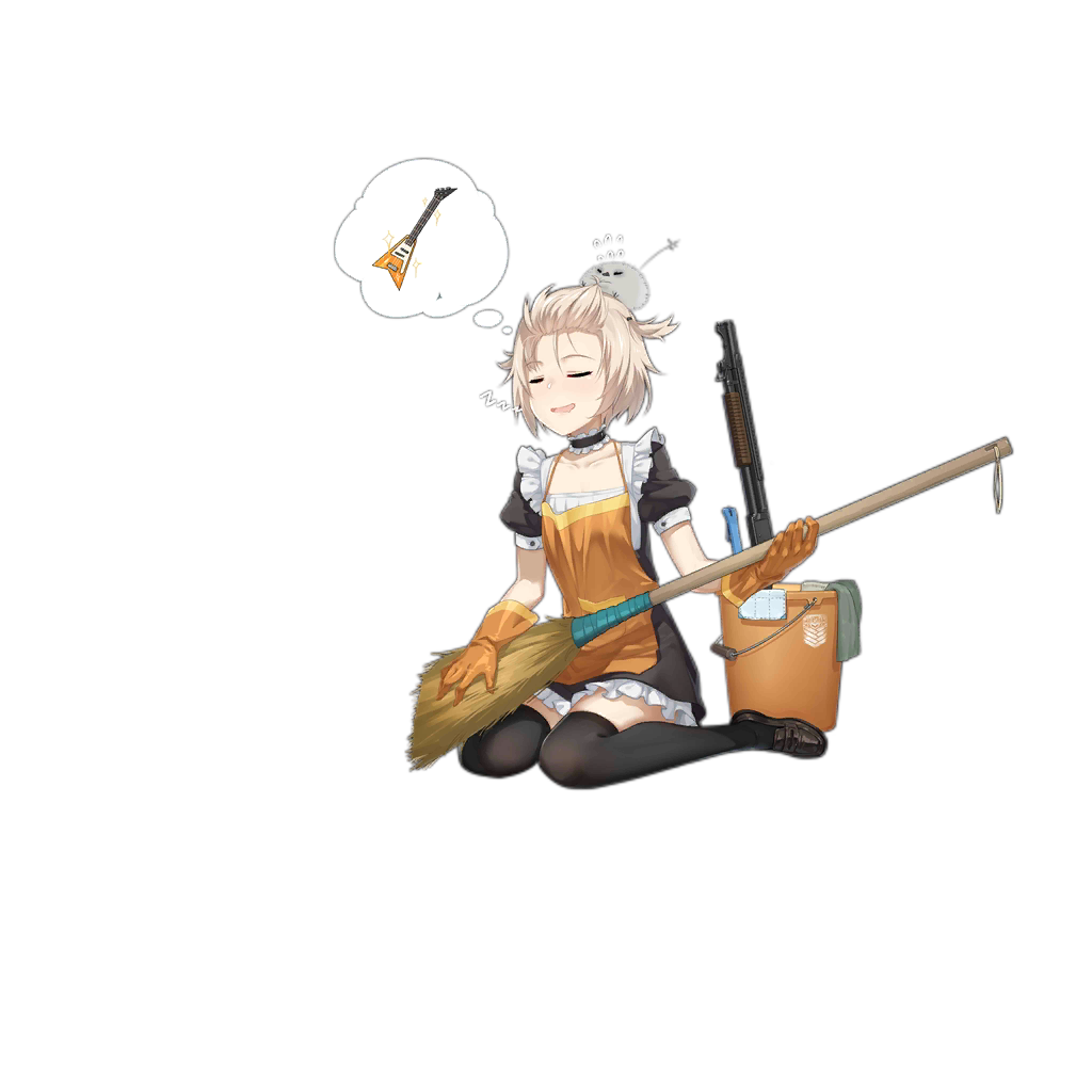 1girl alternate_costume animal animal_on_head apron bangs black_legwear blonde_hair blush breasts broom brown_footwear chilunchilun cloth collarbone dreaming dress drooling electric_guitar facing_viewer flying_sweatdrops frilled girls_frontline gloves guitar gun hair_ornament hair_tie holding holding_broom instrument loafers m1897_(girls_frontline) maid mop_bucket official_art on_head open_mouth orange_gloves puffy_short_sleeves puffy_sleeves shoes short_hair short_sleeves shotgun sitting sleeping sleeping_upright small_breasts solo sparkle thigh-highs thighs transparent_background wariza weapon winchester_model_1897 zzz