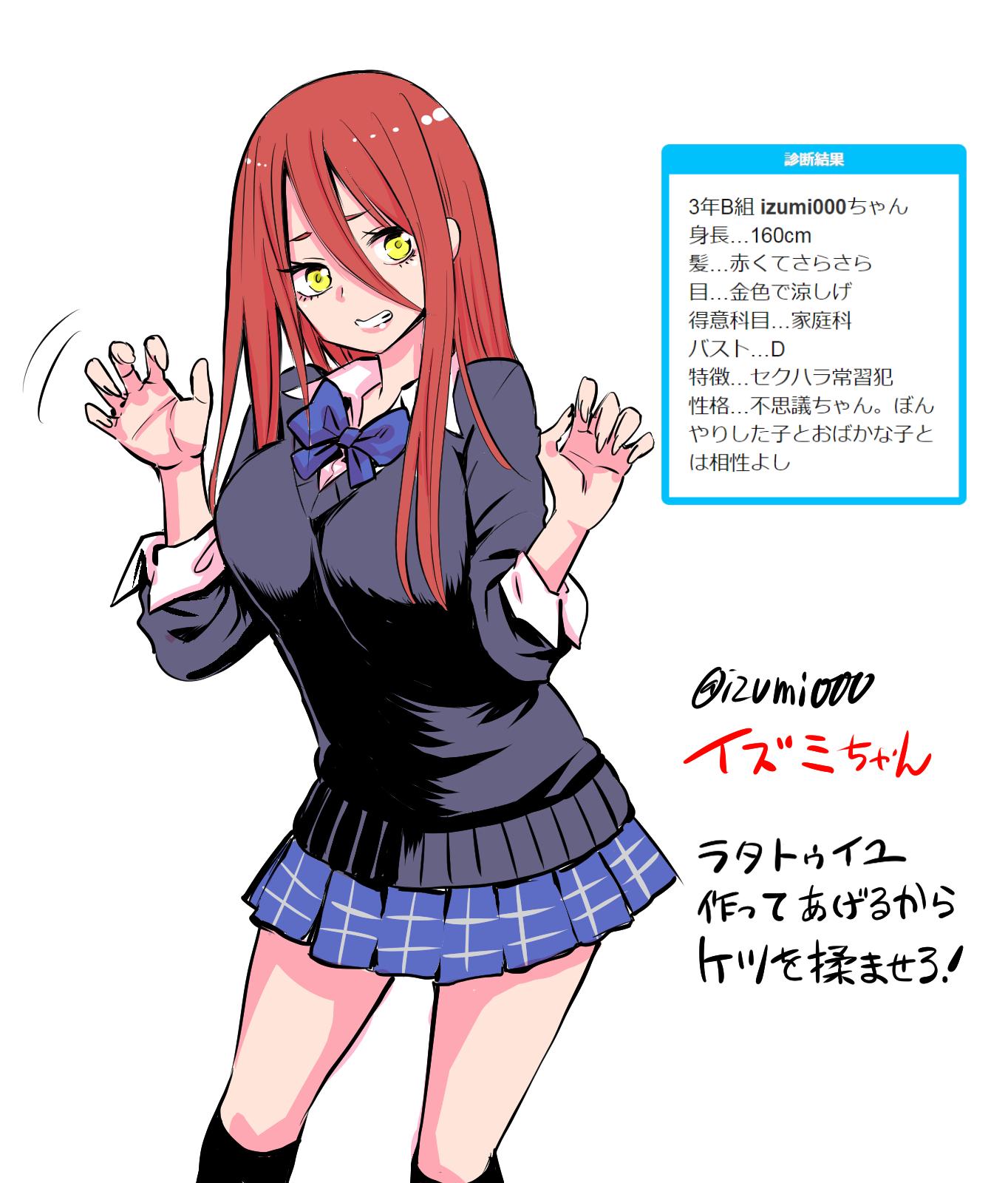 1girl artist_self-insert black_legwear blue_neckwear breasts commentary_request highres izumi_(toubun_kata) kneehighs large_breasts long_hair looking_at_viewer miniskirt original plaid plaid_skirt pleated_skirt redhead school_uniform shindan_maker simple_background skirt sleeves_rolled_up smile solo standing white_background yellow_eyes