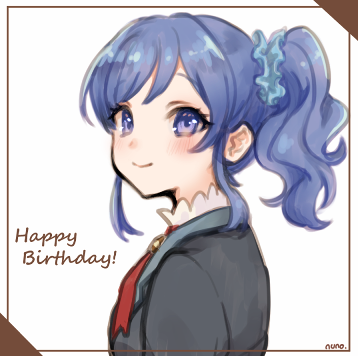 1girl aikatsu! aikatsu!_(series) artist_name black_jacket blue_eyes blue_hair blue_scrunchie blush closed_mouth commentary_request hair_ornament hair_scrunchie happy_birthday jacket kiriya_aoi looking_at_viewer looking_to_the_side nuno_(pppompon) scrunchie side_ponytail signature smile solo starlight_academy_uniform upper_body white_background