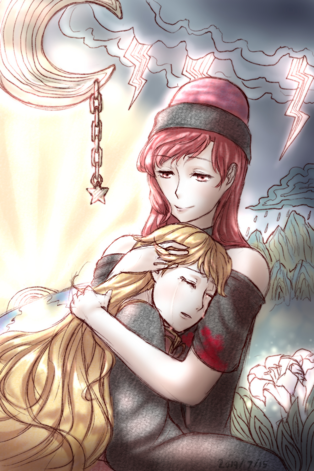 2girls bare_shoulders blonde_hair chain choker comforting commentary_request crying dated eyebrows_visible_through_hair flower grass hecatia_lapislazuli highres hug junko_(touhou) kamekichi27 lightning long_hair multiple_girls outdoors rain red_eyes redhead sun touhou