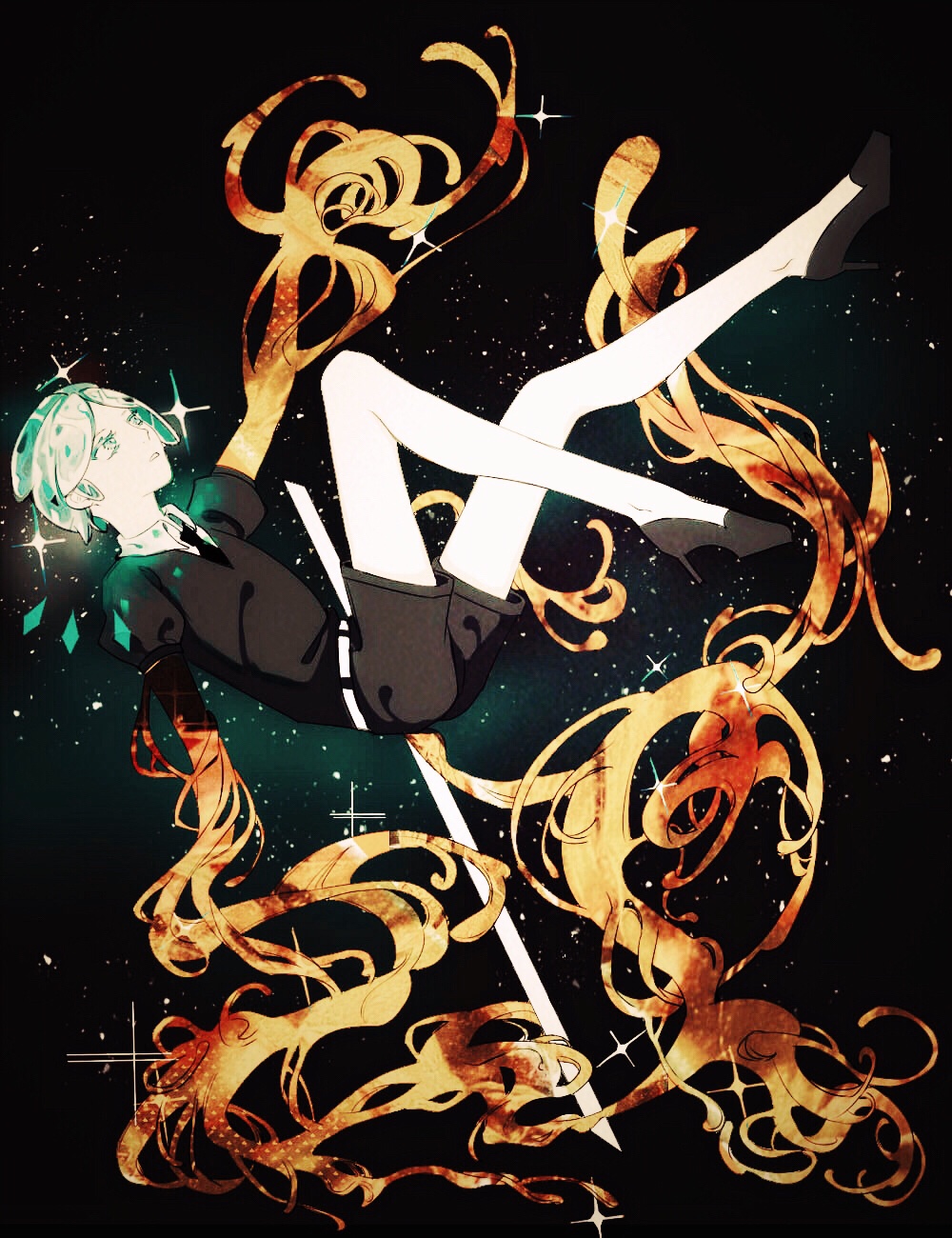 1other androgynous bangs belt black_background black_clothes black_footwear black_neckwear black_shorts blue_eyes blue_hair collar colored_eyelashes crystal_hair eyelashes falling full_body gem_uniform_(houseki_no_kuni) gold golden_arms highres houseki_no_kuni looking_up necktie neckwear pale_skin parted_bangs parted_lips phosphophyllite platform_footwear puffy_short_sleeves puffy_sleeves shirt shoes short_hair short_sleeves shorts solo sparkle spoilers white_belt white_shirt white_skin yiyejian