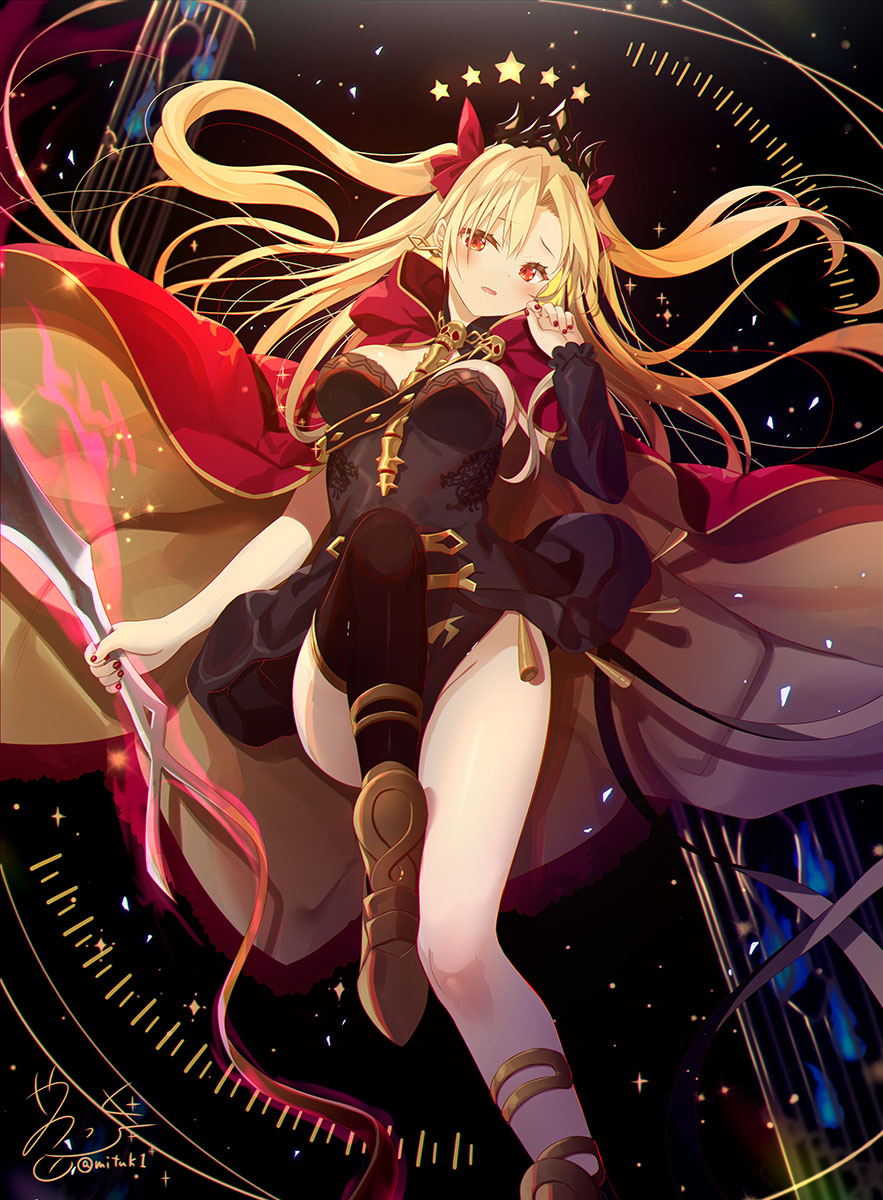 1girl black_background blonde_hair blush bodysuit breasts ereshkigal_(fate/grand_order) fate/grand_order fate_(series) groin highres long_hair red_eyes single_thighhigh solo thigh-highs thighs twintails twitter_username yano_mitsuki