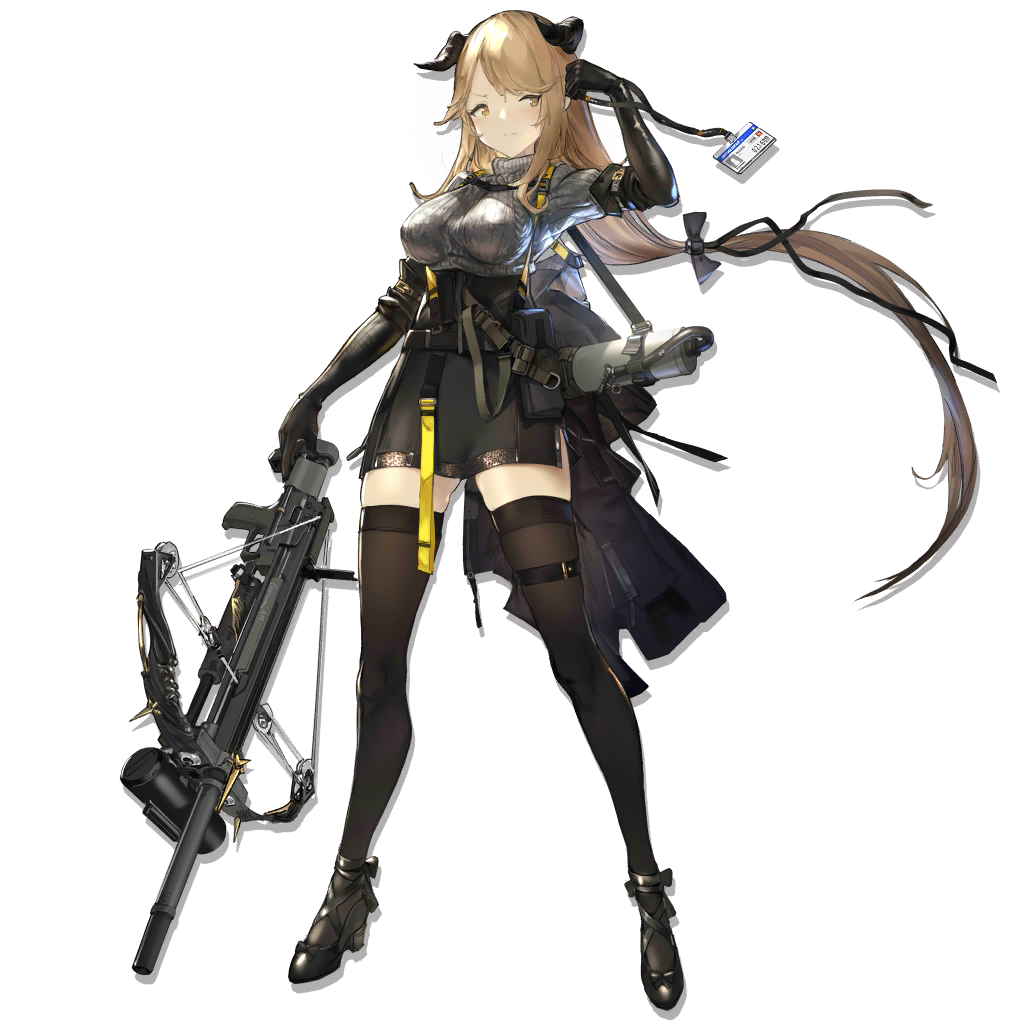 1girl aran_sweater arknights bangs black_footwear black_gloves black_legwear black_skirt bow bow_(weapon) breasts brown_eyes crossbow elbow_gloves floating_hair full_body gloves grey_sweater hair_bow high-waist_skirt high_heels holding holding_bow_(weapon) holding_weapon horns large_breasts light_brown_hair long_hair long_sleeves looking_at_viewer low-tied_long_hair meteorite_(arknights) official_art pouch quiver renatus.z sidelocks skindentation skirt solo strap sweater swept_bangs thigh-highs thigh_strap transparent_background turtleneck turtleneck_sweater very_long_hair weapon zettai_ryouiki