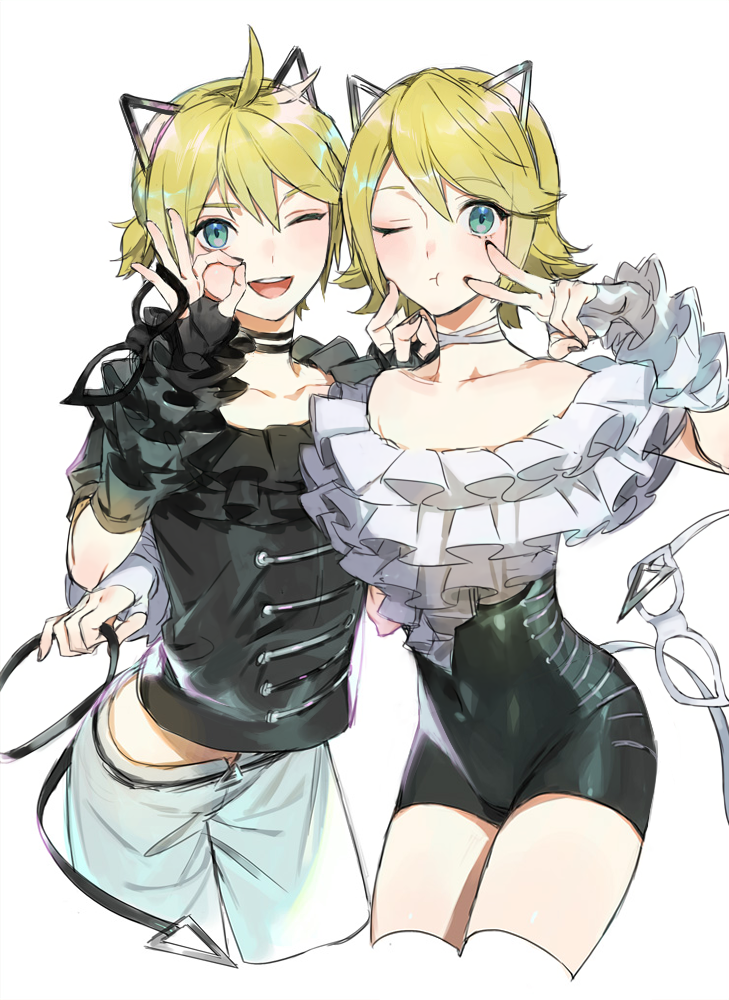 1boy 1girl :t animal_ears belt blonde_hair cat_ears choker closed_mouth eyebrows_visible_through_hair fake_animal_ears ivy_cat's-eye_(module) kagamine_len kagamine_rin looking_at_viewer naoko_(naonocoto) ok_sign one_eye_closed open_mouth project_diva_(series) revision round_teeth ruffled_sleeves simple_background standing teeth thighs upper_teeth v vocaloid white_background