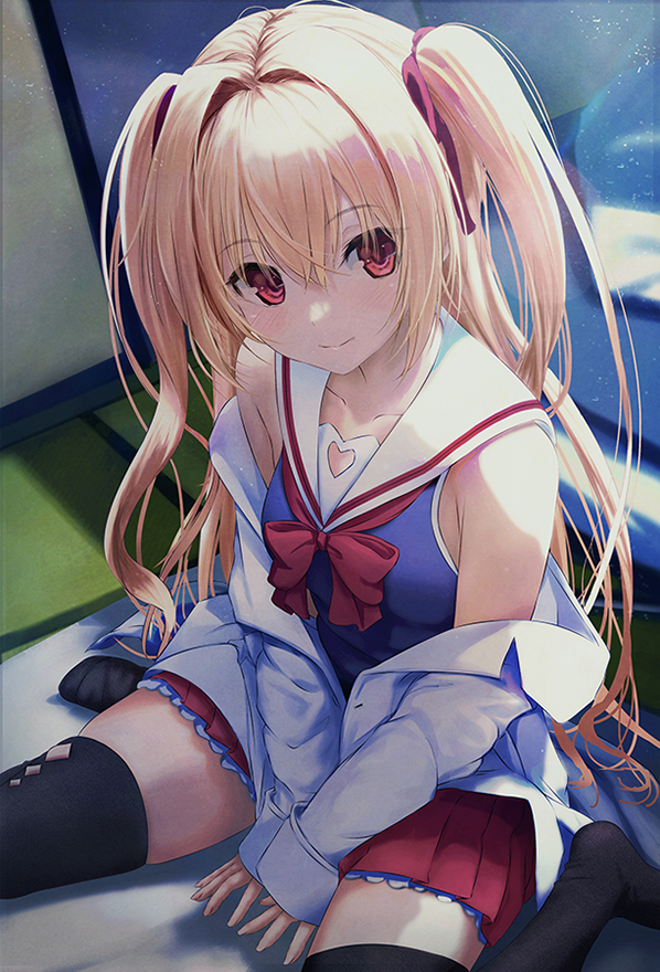 1girl bare_shoulders between_legs black_thighhighs blonde_hair blue_shirt blush bow breasts closed_mouth coat collarbone commentary_request commission crossed_bangs eyelashes eyes_visible_through_hair frilled_skirt frills hair_between_eyes hair_intakes hair_ribbon hand_between_legs indoors irotoridori_no_sekai kurono_mitsuki lab_coat long_hair looking_at_viewer miniskirt nikaidou_shinku no_shoes official_art on_floor open_clothes open_coat pleated_skirt red_bow red_eyes red_ribbon red_skirt ribbon sailor_collar school_uniform serafuku shirt sitting skeb_commission skindentation skirt sleeveless sleeveless_shirt small_breasts smile solo tatami thigh-highs thighs twintails two_side_up v_arms very_long_hair wariza white_sailor_collar zettai_ryouiki
