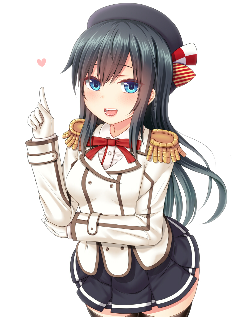 1girl :d asashio_(kantai_collection) bangs beret black_hair black_headwear black_legwear black_skirt blue_eyes blush breasts collared_shirt commentary_request cosplay double-breasted dress_shirt epaulettes eyebrows_visible_through_hair gloves hair_between_eyes hanazome_dotera hand_up hat heart index_finger_raised jacket kantai_collection kashima_(kantai_collection) kashima_(kantai_collection)_(cosplay) long_hair long_sleeves looking_at_viewer open_mouth pleated_skirt shirt simple_background skirt sleeves_past_wrists small_breasts smile solo thigh-highs upper_teeth very_long_hair white_background white_gloves white_jacket white_shirt