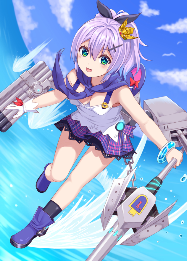 1girl :d azur_lane bangs bird black_legwear black_ribbon blue_footwear blue_sky blush boots breasts camisole cannon clouds commentary_request covered_nipples crown day dutch_angle eyebrows_visible_through_hair full_body gloves green_eyes hair_between_eyes hair_ribbon holding horizon javelin javelin_(azur_lane) looking_at_viewer machinery medium_breasts mini_crown namesake ocean open_mouth outdoors pleated_skirt ponytail purple_hair purple_skirt revision ribbon single_glove skirt sky smile socks solo standing standing_on_one_leg tilted_headwear torpedo tsukino_neru turret v-shaped_eyebrows water white_camisole white_gloves