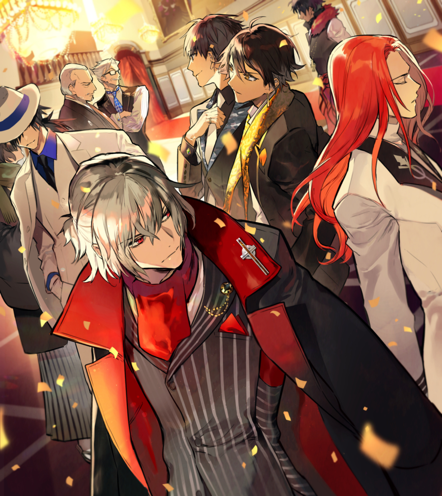 6+boys adjusting_clothes adjusting_necktie antonio_salieri_(fate/grand_order) arash_(fate) bartholomew_roberts_(fate/grand_order) black_hair black_jacket black_neckwear black_vest blue_shirt brown_hair buttons chandelier closed_eyes closed_mouth collar collared_jacket collared_shirt covered_eyes cross crossed_arms earrings fate/grand_order fate_(series) glasses gloves hand_in_pocket hat indoors itefu jacket jacket_on_shoulders james_moriarty_(fate/grand_order) japanese_clothes jewelry king_hassan_(fate/grand_order) long_hair long_sleeves looking_at_another male_focus multiple_boys necktie open_clothes open_jacket ozymandias_(fate) red_eyes red_neckwear redhead ring sakamoto_ryouma_(fate) scarf shirt short_hair silver_hair standing striped striped_jacket striped_neckwear tristan_(fate/grand_order) vest white_gloves white_headwear yagyuu_munenori_(fate/grand_order)