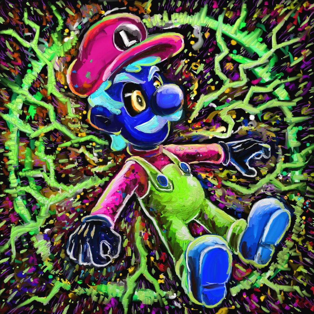 1boy abstract_background blue_hair blue_skin commentary cortoony english_commentary facial_hair final_smash full_body furrowed_eyebrows gloves hat inverted inverted_colors luigi male_focus super_mario_bros. mustache negative_zone nintendo nintendo_ead overalls serious shoes super_mario_bros. super_smash_bros. super_smash_bros_brawl yellow_eyes