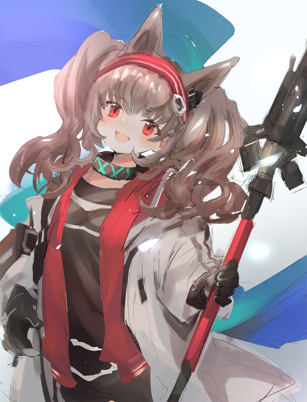 1girl :d angelina_(arknights) animal_ears arknights bangs black_gloves black_shirt blush breasts brown_hair commentary_request eyebrows_visible_through_hair gloves hairband highres holding holding_spear holding_weapon jacket long_hair looking_at_viewer open_clothes open_jacket open_mouth polearm red_eyes red_hairband sha2mo shirt sketch small_breasts smile solo spear striped striped_hairband twintails weapon white_jacket