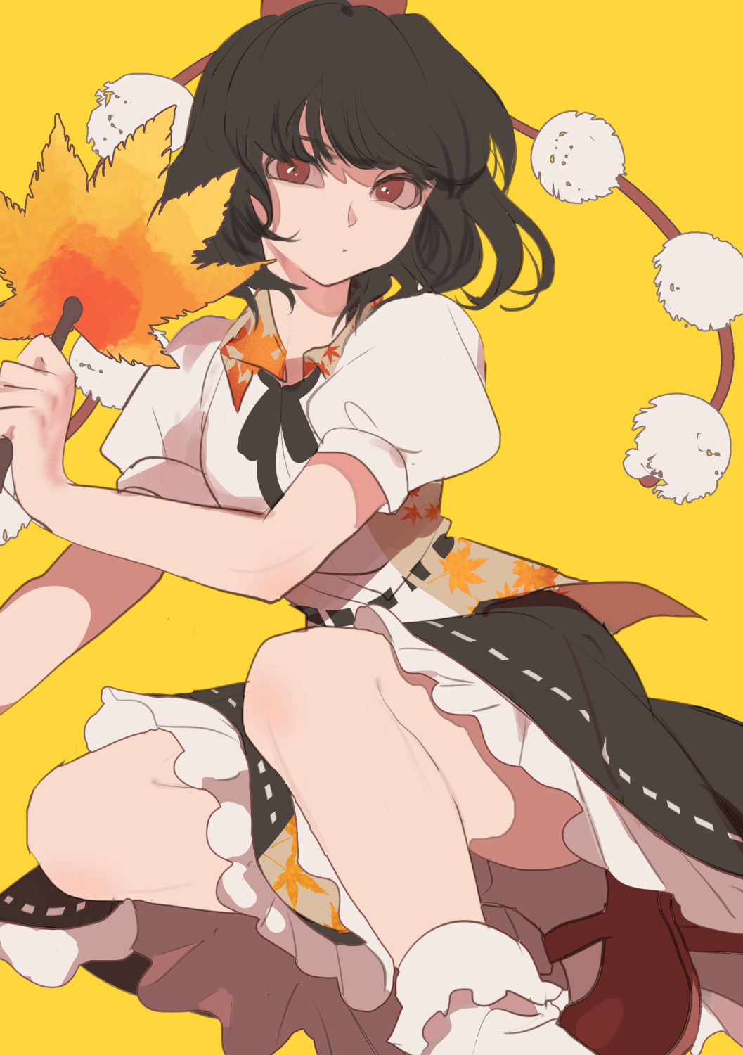 1girl bare_legs black_hair black_neckwear black_skirt collared_shirt frilled_skirt frills geta hat hauchiwa highres joniko1110 leaf_fan leaf_print looking_at_viewer neck_ribbon pom_pom_(clothes) puffy_short_sleeves puffy_sleeves red_eyes red_footwear red_headwear ribbon shameimaru_aya shirt short_hair short_sleeves simple_background skirt socks solo tengu-geta thighs tokin_hat touhou white_shirt yellow_background