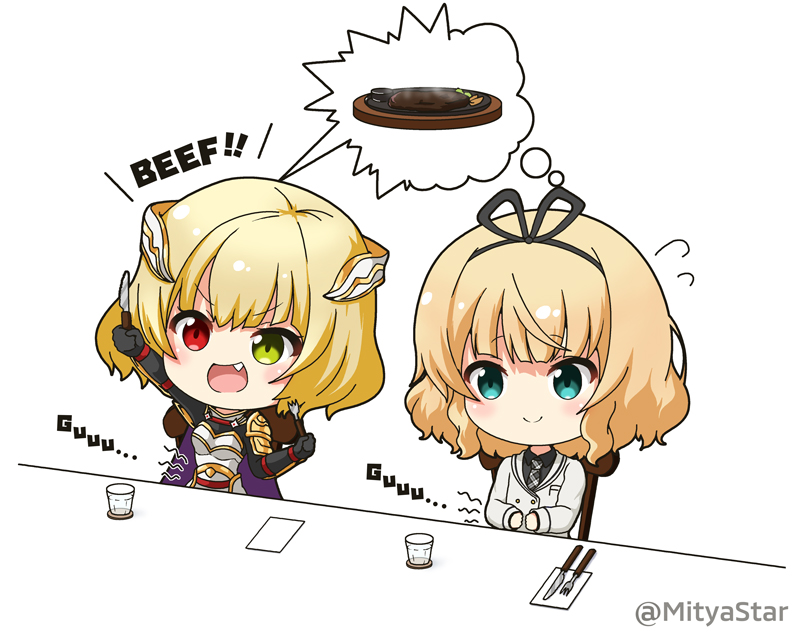 2girls :d arm_up bangs black_gloves black_ribbon black_shirt blazer blonde_hair blue_eyes blush breastplate chair charlotte_(shironeko_project) chibi closed_mouth collared_shirt commentary_request crossover cup drinking_glass eyebrows_visible_through_hair fang flying_sweatdrops food fork gloves gochuumon_wa_usagi_desu_ka? green_eyes hair_ribbon hands_on_own_stomach heterochromia holding holding_fork holding_knife hungry jacket kirima_sharo knife miicha multiple_girls necktie on_chair open_mouth outstretched_arm pauldrons plaid_neckwear red_eyes ribbon school_uniform shironeko_project shirt sitting smile spoken_food steak stomach_growling tedeza_rize's_school_uniform twitter_username v-shaped_eyebrows white_background white_jacket