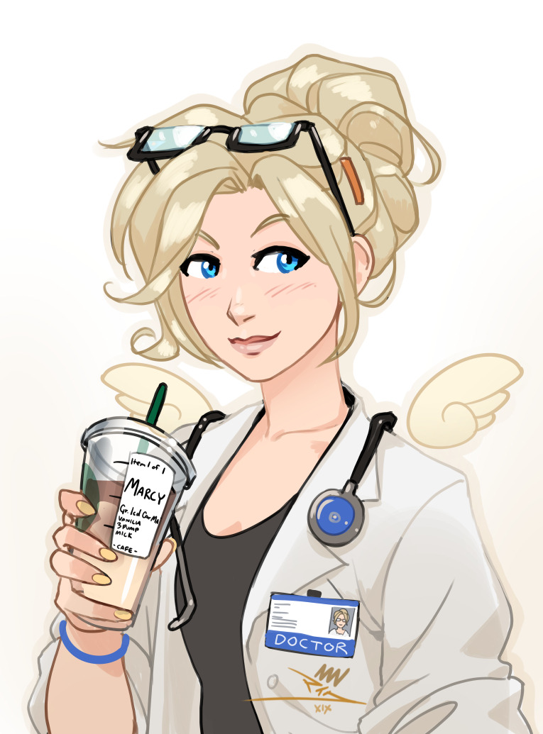 1girl alternate_costume alternate_hair_length alternate_hairstyle alternate_wings bespectacled black-framed_eyewear blonde_hair blue_eyes coffee_cup cup disposable_cup drinking_straw english_text eyewear_on_head frappuccino glasses hair_bun hair_ornament hairclip holding holding_cup labcoat lips mercy_(overwatch) mike_nesbitt mini_wings nail_polish name_tag overwatch semi-rimless_eyewear solo starbucks stethoscope typo under-rim_eyewear wings yellow_nails