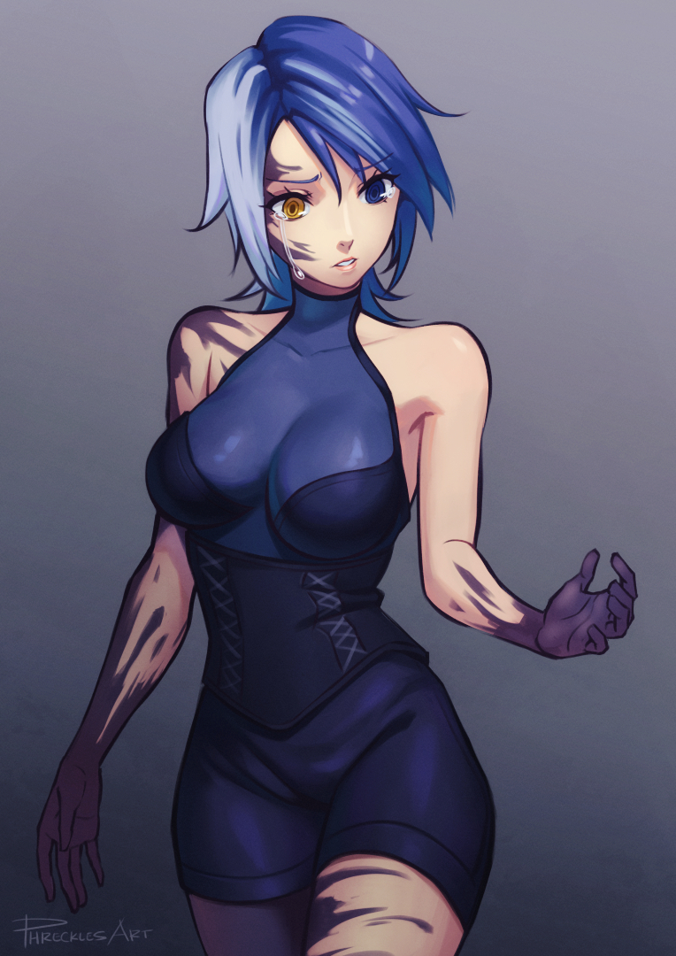 1girl anti-aqua aqua_(kingdom_hearts) blue_eyes blue_hair breasts collarbone corruption eyebrows_visible_through_hair eyelashes eyes_visible_through_hair grey_background kingdom_hearts kingdom_hearts_iii looking_at_hand looking_down multicolored_hair parted_lips phrecklesart short_hair shorts silver_hair single_tear sleeveless solo two-tone_hair yellow_eyes