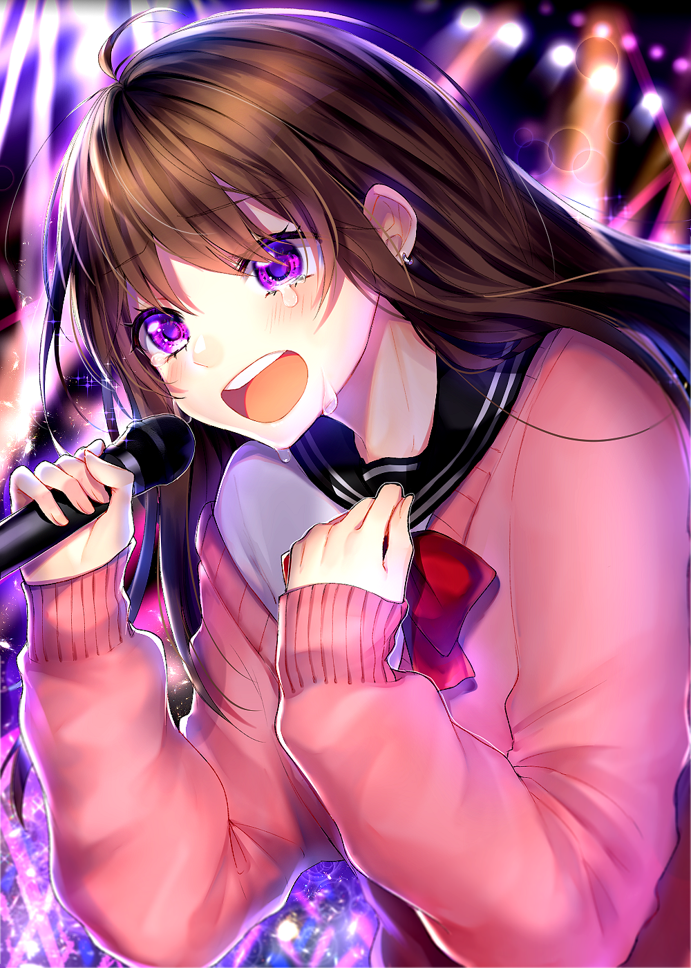 1girl :d bangs black_sailor_collar blurry blurry_background blush bow brown_hair commentary_request crying crying_with_eyes_open depth_of_field eyebrows_visible_through_hair hair_between_eyes hands_up highres holding holding_microphone long_hair long_sleeves maria_(maria0304) microphone open_mouth original pink_sweater red_bow round_teeth sailor_collar school_uniform serafuku shirt sleeves_past_wrists smile solo sweater tears teeth upper_body upper_teeth violet_eyes white_shirt