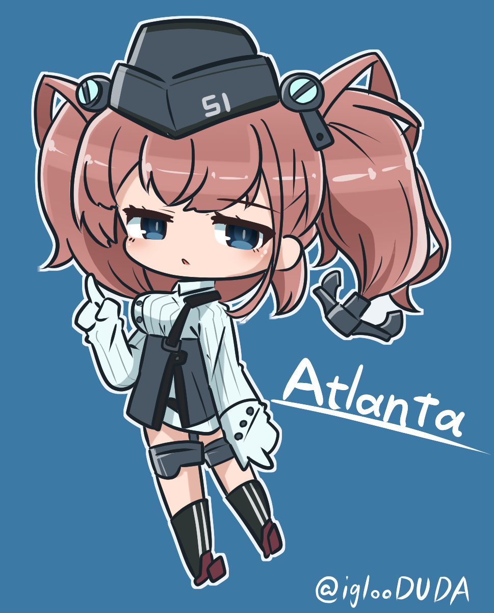 1girl anchor_hair_ornament asimo953 atlanta_(kantai_collection) black_footwear black_headwear black_skirt blue_background breasts brown_hair character_name chibi commentary_request dress_shirt earrings full_body garrison_cap garter_straps grey_eyes hair_ornament hat high-waist_skirt highres index_finger_raised jewelry kantai_collection large_breasts long_hair long_sleeves looking_at_viewer rudder_footwear shirt simple_background skirt solo standing star star_earrings suspender_skirt suspenders thigh_strap twitter_username two_side_up white_shirt