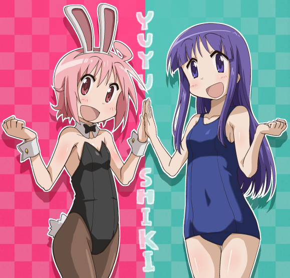 2girls ahoge animal_ears aqua_background black_leotard black_neckwear blue_swimsuit bow bowtie breasts brown_legwear bunny_tail bunnysuit checkered checkered_background commentary_request copyright_name cowboy_shot detached_collar hinata_yukari ki_(adotadot) leotard long_hair looking_at_viewer multiple_girls nonohara_yuzuko old_school_swimsuit pantyhose pink_background pink_hair purple_hair rabbit_ears red_eyes school_swimsuit short_hair small_breasts smile strapless strapless_leotard swimsuit tail violet_eyes wrist_cuffs yuyushiki