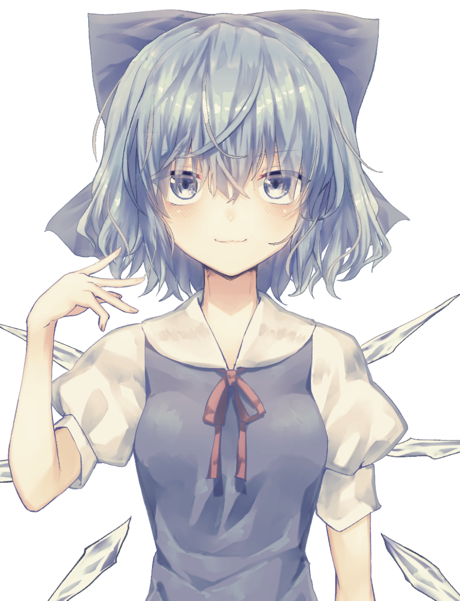 1girl bangs blue_bow blue_eyes blue_hair bow cirno closed_mouth eyebrows_visible_through_hair hair_between_eyes hair_bow kisamu_(ksmz) looking_at_viewer neck_ribbon red_ribbon ribbon shiny shiny_hair shirt short_hair short_sleeves simple_background solo touhou upper_body white_background white_shirt