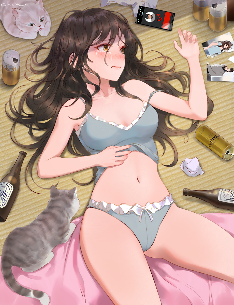 1girl animal artist_name bangs bare_arms bare_shoulders beer_bottle beer_can blush breasts broken_photo brown_hair camisole can cat cellphone choseon closed_mouth commentary crying crying_with_eyes_open drunk eyebrows_visible_through_hair frilled_panties frills frown grey_panties hands_on_own_stomach indoors long_hair lying navel nose_blush on_back on_floor orange_eyes original panties phone photo_(object) small_breasts smartphone stomach strap_slip symbol_commentary tatami tears thighs underwear underwear_only