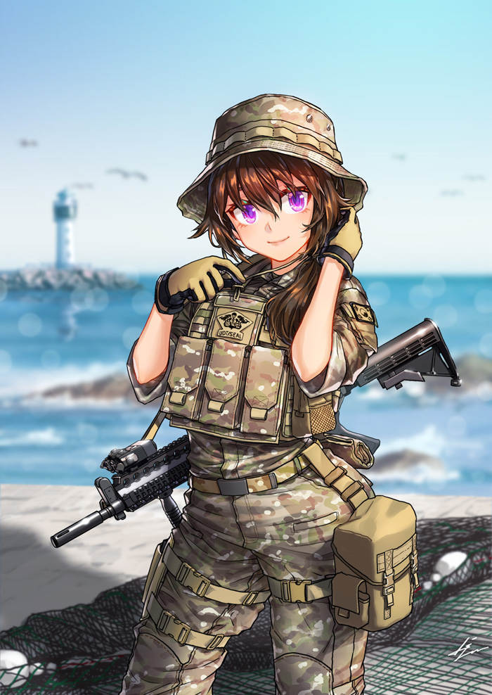 1girl assault_rifle blurry blurry_background brown_hair camouflage commentary day gloves gun hat korea kws lighthouse load_bearing_vest military military_uniform ocean original outdoors rifle solo uniform violet_eyes weapon weapon_request