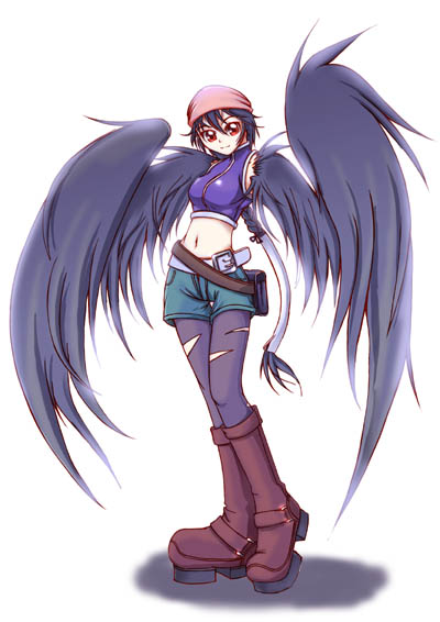 belt boots harpy midriff monster_girl pantyhose shorts torn_clothes vulture wings