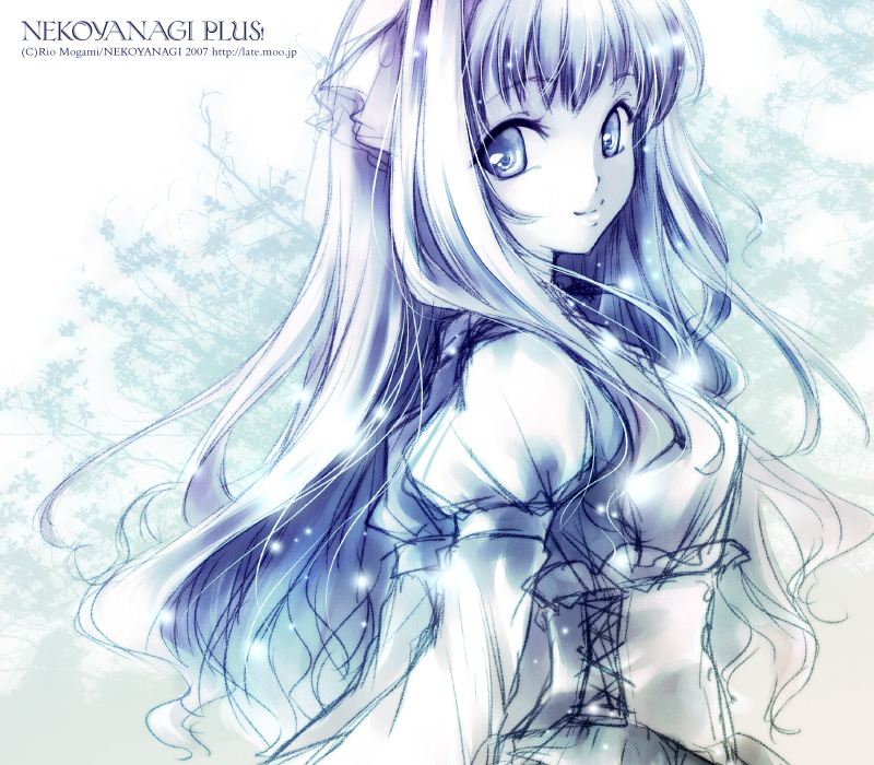 blue blue_eyes breasts corset detached_sleeves long_hair mogami_rio monochrome original solo