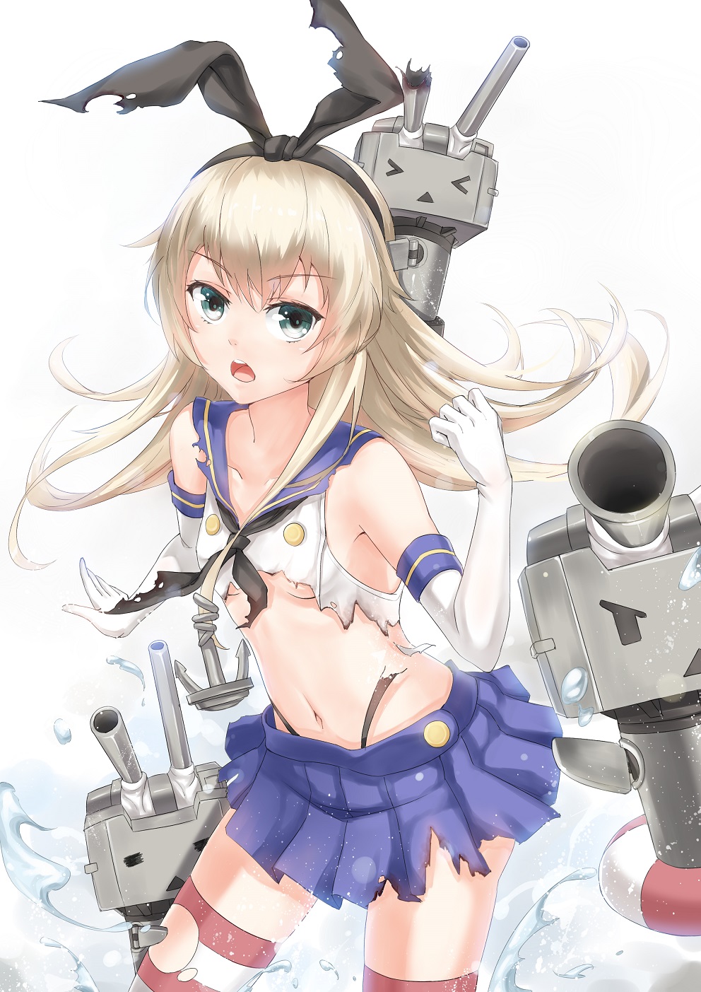 &gt;_&lt; 1girl anchor armpits blonde_hair blue_eyes breasts elbow_gloves gloves hair_ornament hair_ribbon highres innertube kantai_collection long_hair looking_at_viewer machinery midriff navel open_mouth panties pc9527 personification ribbon shimakaze_(kantai_collection) socks solo striped striped_legwear thighhighs torn_clothes triangle_mouth turret underboob underwear