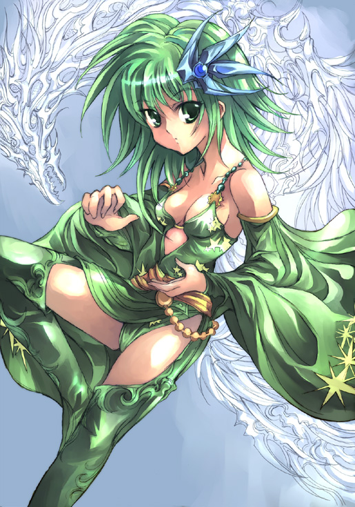breasts cleavage detached_sleeves final_fantasy final_fantasy_iv green_eyes green_hair hair_ornament kouno_hikaru rydia thigh-highs thigh_boots thighhighs