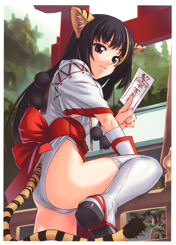 animal_ears artist_request black_eyes black_hair boots geta legs looking_back nontraditional_miko obi ofuda original solo tail tanaka_shoutarou thigh-highs thigh_boots thighhighs tiger_ears tiger_tail torii
