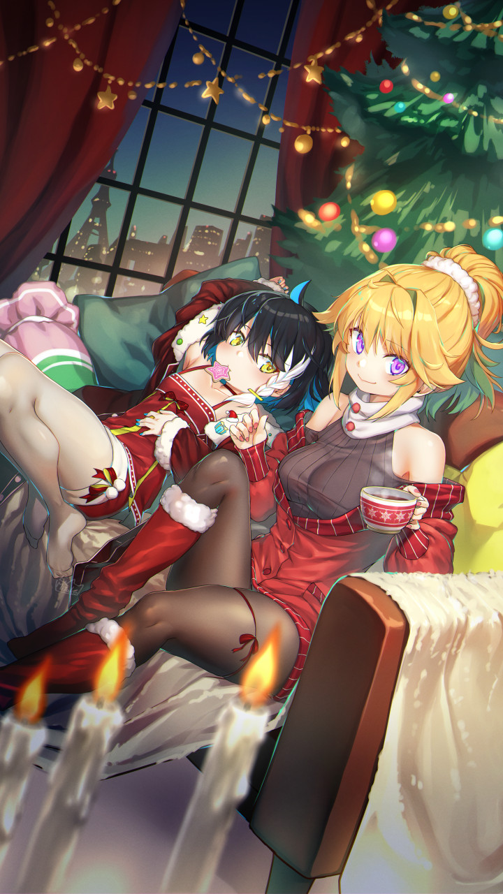 2girls arm_up bangs black_hair black_legwear black_shirt blonde_hair blue_hair blurry blurry_foreground boots braid candle christmas christmas_ornaments christmas_tree closed_mouth clothing_cutout colored_inner_hair commentary_request cookie couch cup depth_of_field dress dutch_angle food fur-trimmed_jacket fur_trim hair_intakes hair_ornament hair_scrunchie highres holding holding_cup indoors jacket knee_up long_sleeves looking_at_viewer lying miniskirt mitake_eil mouth_hold multicolored_hair multiple_girls no_shoes off_shoulder on_back on_couch original pantyhose red_dress red_footwear red_jacket red_scrunchie red_skirt ribbed_shirt santa_boots scrunchie shirt short_dress short_hair short_ponytail shoulder_cutout side_braid sidelocks sitting skirt smile spaghetti_strap star_(symbol) steam teacup thigh_strap violet_eyes white_hair white_legwear window yellow_eyes